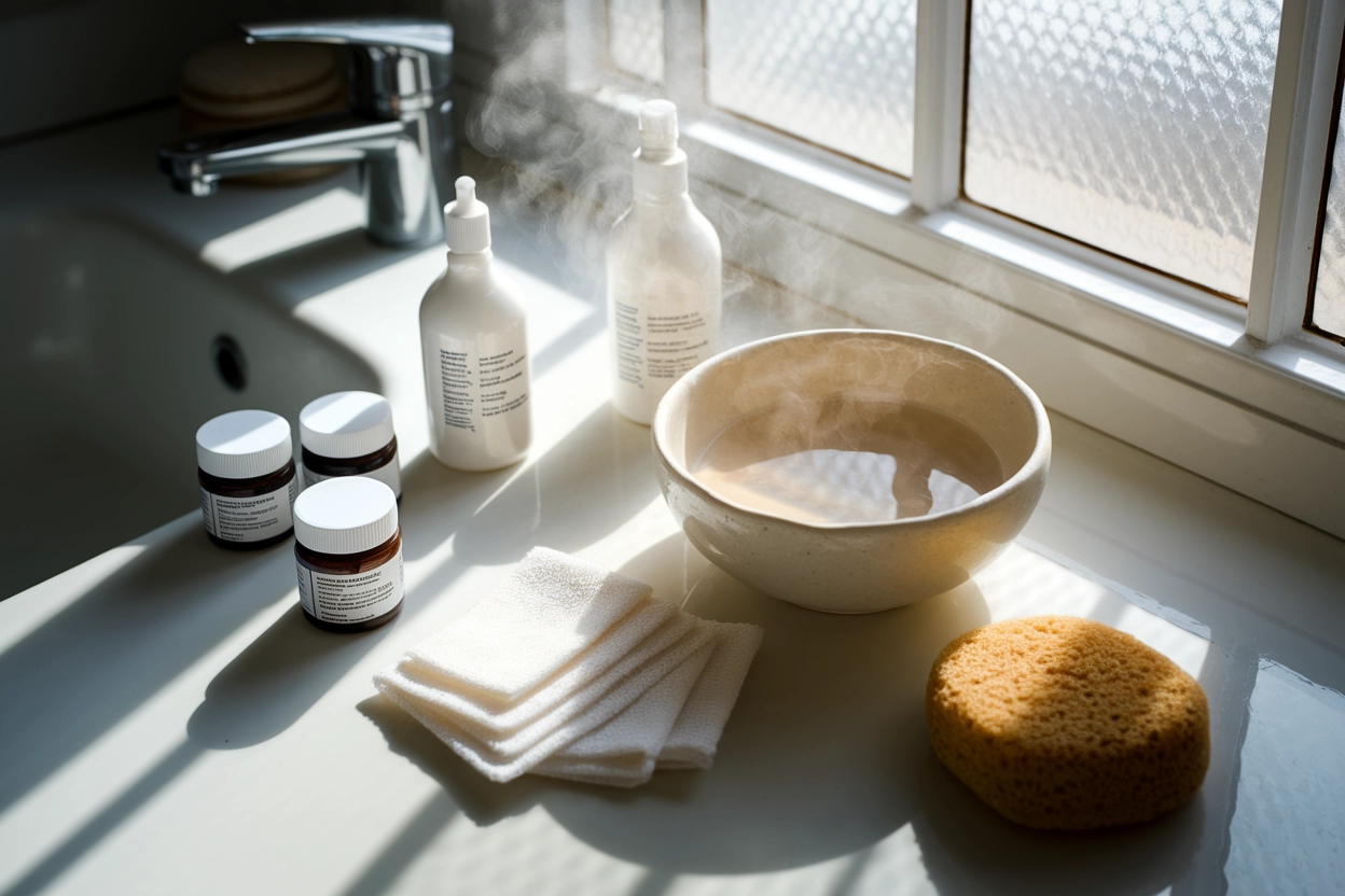 A cinematic macro composition of dermatological treatment ingredients arranged on a textured stone surface in a softly lit clinical setting. Clear glass droppers filled with medicinal liquid rest beside open containers of thick cream and smooth gel, each with detailed surface reflections. Small laboratory beakers contain translucent solutions, and a sterile metal tray reflects diffused overhead light. The camera angle is extremely close and slightly low, highlighting textures of glass, metal, and cream while the background fades into a soft blur, conveying the preparation of topical treatments used in skin therapy.