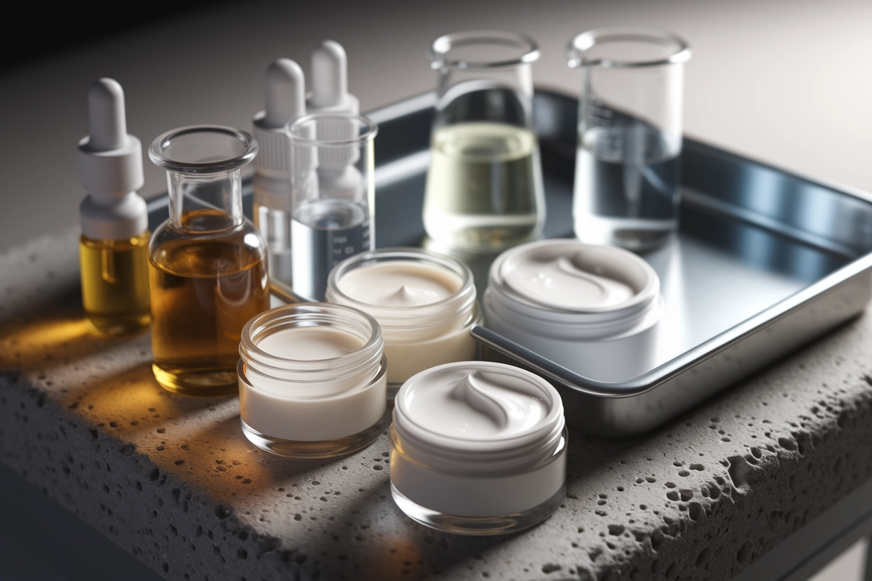 A cinematic macro composition of dermatological treatment ingredients arranged on a textured stone surface in a softly lit clinical setting. Clear glass droppers filled with medicinal liquid rest beside open containers of thick cream and smooth gel, each with detailed surface reflections. Small laboratory beakers contain translucent solutions, and a sterile metal tray reflects diffused overhead light. The camera angle is extremely close and slightly low, highlighting textures of glass, metal, and cream while the background fades into a soft blur, conveying the preparation of topical treatments used in skin therapy.