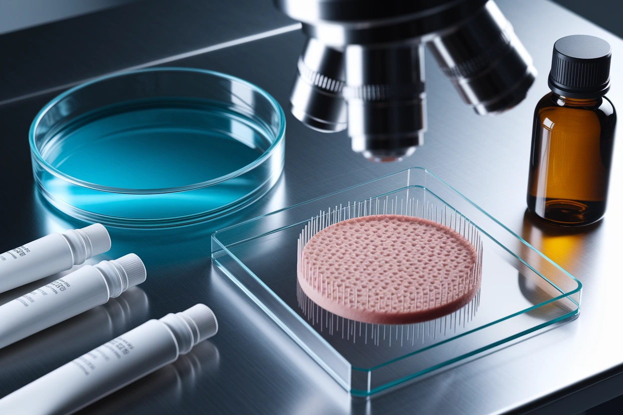 A cinematic macro composition of dermatological treatment ingredients arranged on a textured stone surface in a softly lit clinical setting. Clear glass droppers filled with medicinal liquid rest beside open containers of thick cream and smooth gel, each with detailed surface reflections. Small laboratory beakers contain translucent solutions, and a sterile metal tray reflects diffused overhead light. The camera angle is extremely close and slightly low, highlighting textures of glass, metal, and cream while the background fades into a soft blur, conveying the preparation of topical treatments used in skin therapy.